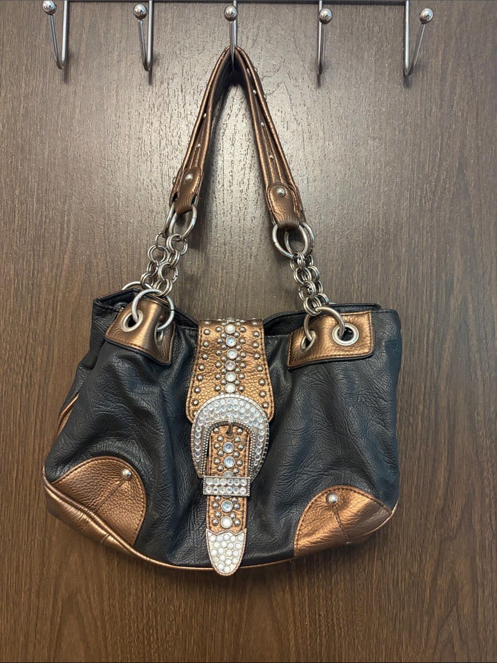 Black and Bronze Embellished Buckle Shoulder Bag